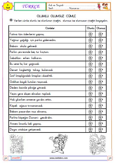 2. Sınıf Türkçe Olumlu Olumsuz Cümle Etkinliği